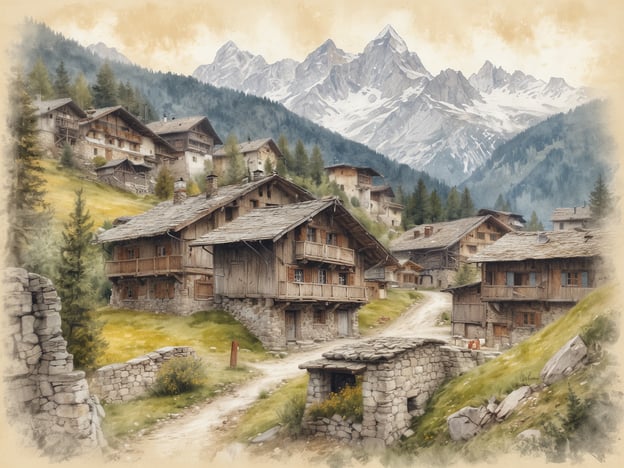 Auf dem Bild ist eine malerische alpine Landschaft zu sehen, die an das Dorf Heiligenblut erinnert. Heiligenblut liegt in den Hohen Tauern und ist bekannt für seine beeindruckende Kulisse mit dem markanten Großglockner im Hintergrund. Die traditionellen Holz- und Steinbauten im Bild spiegeln den idyllischen Charme der Region wider, die von einer atemberaubenden Berglandschaft umgeben ist.Gemäß der Geschichte von Heiligenblut ist der Name "Heiligenblut" mit einer Legende verbunden, die sich um einen Tropfen Blut von Jesus Christus dreht, der angeblich in die Kirche von Heiligenblut gefallen ist. Dies machte den Ort zu einem wichtigen Wallfahrtsziel. Die Kombination aus natürlicher Schönheit und spiritueller Bedeutung zieht Besucher aus nah und fern an.