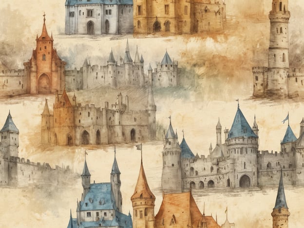 Auf dem Bild sind künstlerische Darstellungen von Burgen und Schlössern zu sehen. Die Architektur ist vielfältig und zeigt verschiedene Formen von Türmen und Zinnen, die typisch für historische Befestigungsanlagen sind.In Bezug auf kulturelle Schätze von Spittal an der Drau könnte man die Burg Sommeregg erwähnen, die in der Umgebung liegt. Diese Burg ist bekannt für ihre gut erhaltenen mittelalterlichen Strukturen und bietet einen Einblick in die Geschichte der Region. Ähnlich wie die abgebildeten Burgen reflektiert sie die architektonischen Stile und die kulturelle Bedeutung, die solche Befestigungen im Mittelalter hatten.