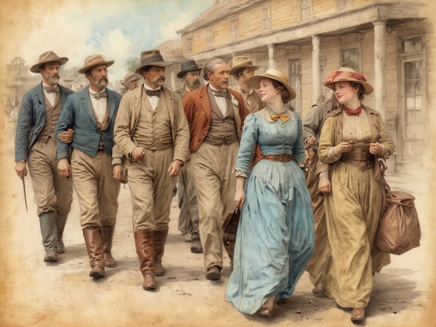 Auf dem Bild sind mehrere Männer und Frauen in historischer Kleidung zu sehen, die scheinbar auf einer Straße spazieren. Dies könnte eine Szene aus dem 19. Jahrhundert zeigen.Für Geschichtsinteressierte könnte es spannend sein, die Mode und gesellschaftliche Rollen dieser Zeit zu erforschen. Aktivitäten könnten das Analysieren von historischen Dokumenten oder Fotografien umfassen, um Einblicke in das Leben und die sozialen Strukturen dieser Epoche zu gewinnen. Auch Besuche von Museen oder Geschichtsausstellungen, die sich auf das 19. Jahrhundert konzentrieren, wären interessant. Man könnte auch genealogische Recherchen anstellen, um mehr über die Herkunft und das alltägliche Leben jener Menschen zu erfahren.