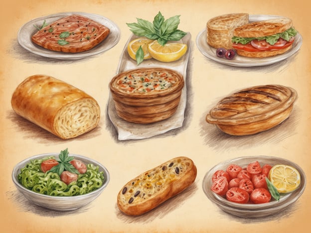 Auf dem Bild sind verschiedene kulinarische Highlights zu sehen, die typisch für eine mediterrane oder italienisch inspirierte Region sein könnten.1. **Fischgericht**: Oben links könnte es sich um ein leicht mariniertes Fischgericht handeln, typischerweise mit Kräutern und Zitrone.2. **Sandwich**: Oben rechts sieht man ein frisches Sandwich mit Gemüse, das in vielen italienischen Cafés beliebt ist.3. **Pasta**: In der unteren Mitte erkennt man eine Schüssel mit grüner Pasta, möglicherweise Pesto, die für die Region charakteristisch ist.4. **Brötchen**: Das goldene Brot oder Brötchen könnte ein typisches italienisches Ciabatta oder Focaccia sein.5. **Quiche oder Tart**: Auch eine herzhafte Torte oder Quiche, die mit Gemüse gefüllt ist, ist abgebildet.6. **Tomatensalat**: Die Schüssel mit Kirschtomaten und Minze repräsentiert erfrischende, einfache Vorspeisen, die häufig in der mediterranen Küche zu finden sind.Diese Vielfalt zeigt die Aromen und Zutaten, die in der mediterranen Küche geschätzt werden.