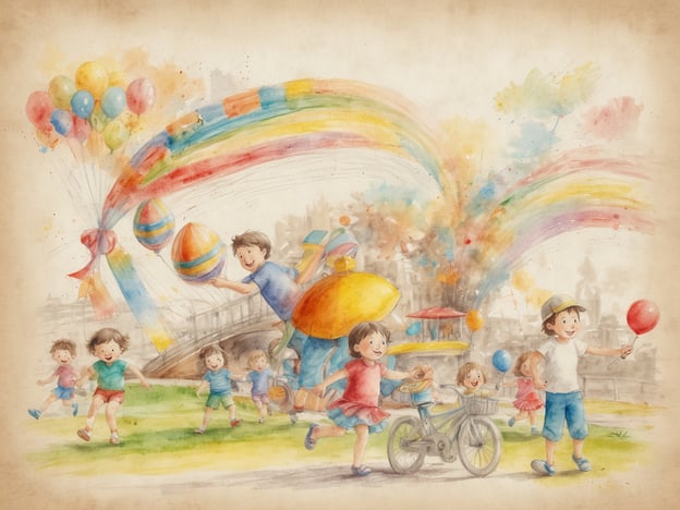Auf dem Bild sind fröhliche Kinder zu sehen, die an einem bunten Fest oder Spieltag teilnehmen. Sie halten Luftballons in verschiedenen Farben und spielen mit großen, bunten Bällen. Einige Kinder rennen und lachen, während andere auf einem Fahrrad fahren. Die fröhliche Atmosphäre wird von einem Regenbogen aus Farben im Hintergrund unterstrichen.Solche Aktivitäten sind ideal für die ganze Familie, denn sie fördern das Miteinander, den Spaß und die Freude. Man könnte zum Beispiel ein Picknick im Park veranstalten, ein Spiel- oder Sportfest organisieren oder gemeinsam eine Schnitzeljagd planen. All diese Aktivitäten bringen Familienmitglieder näher zusammen und sorgen für viel Spaß!