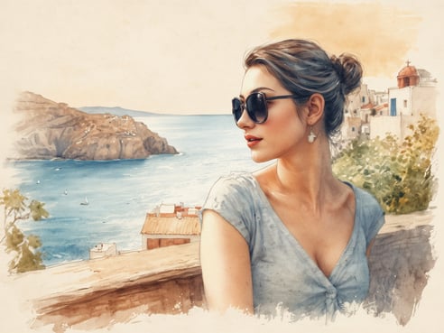 Eine Frau mit Sonnenbrille und einem hellblauen Oberteil sitzt auf einem Geländer und schaut auf das glitzernde Wasser des Meeres. Im Hintergrund sind sanfte Hügel und weiße Gebäude mit blauen Türen und Dächern zu sehen, die in der Sonne leuchten. Es herrscht eine ruhige und romantische Atmosphäre, perfekt für Paare, die eine idyllische Auszeit suchen.