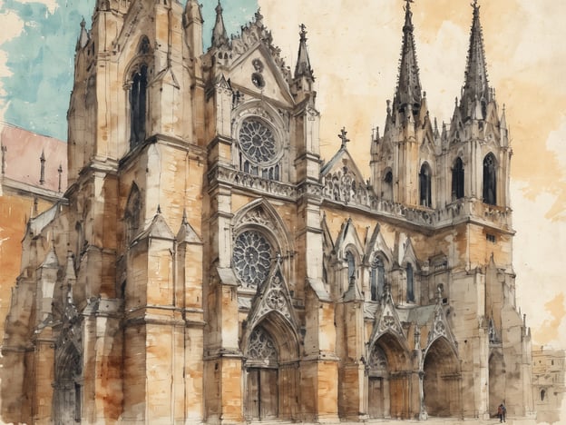 Auf dem Bild ist eine gotische Kathedrale zu sehen, die an die Architektur der Stiftskirche von St. Pölten erinnern könnte. St. Pölten, die Hauptstadt Niederösterreichs, hat eine lange Geschichte, die bis in die römische Zeit zurückreicht. Besonders bemerkenswert ist die im 18. Jahrhundert im Barockstil umgestaltete Stiftskirche, die eine beeindruckende Fassade mit Türmen und prächtigen Fenstern aufweist.Die Stadt selbst war im Laufe der Jahrhunderte ein wichtiges religiöses und kulturelles Zentrum, was sich auch in der Architektur und den Kirchenbauten widerspiegelt.