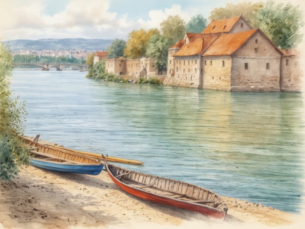 Auf dem Bild ist eine malerische Flusslandschaft zu sehen, vermutlich an der Donau, mit einem ruhigen Wasserverlauf, bunten Booten auf dem Ufer und historischen Gebäuden im Hintergrund. Diese Szenerie könnte gut zu Krems an der Donau passen, einer Stadt in Niederösterreich, die für ihre malerische Altstadt und ihre Lage an der Donau bekannt ist.Krems hat eine reiche Geschichte, die bis in die Römerzeit zurückreicht. Im Mittelalter war die Stadt ein bedeutender Handelsplatz, und viele der historischen Gebäude, die heute die Uferpromenade säumen, zeugen von vergangener Pracht. Die Architektur der Häuser, die oft aus Stein und mit roten Dächern gebaut sind, spiegelt den historischen Charme wider, der die Besucher anzieht. Die Donau hat immer eine zentrale Rolle im Leben der Stadt gespielt, sei es für den Handel, die Fischerei oder als Verkehrsweg.Solch eine idyllische Szene könnte Besucher dazu einladen, die Stadt zu erkunden und die Verbindung zur Natur und Geschichte zu erleben.