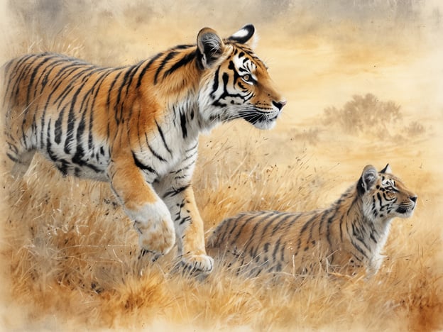 Ein majestätischer Tiger und sein Nachwuchs bewegen sich durch hohes, goldenes Gras unter einem sanften, neutralen Himmel. Der Tiger schreitet aufmerksam voran, während das Jungtier hinter ihm sitzt und die Umgebung mit neugierigen Augen beobachtet. Diese Szenerie vermittelt das Gefühl von Freiheit und Wildnis, und sie zeigt die Schönheit und Anmut dieser beeindruckenden Tiere in ihrem natürlichen Lebensraum. Eine Safari ermöglicht es, solche einzigartigen und wundervollen Momente in der Natur hautnah zu erleben, die man ein Leben lang nicht vergisst.