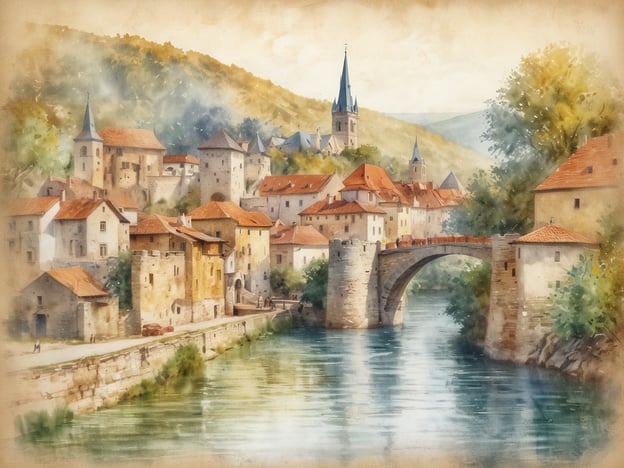 Auf dem Bild ist eine malerische Landschaft mit einer alten Stadt und einer Brücke über einen Fluss zu sehen. Die Gebäude wirken historisch und sind mit roten Dächern gedeckt. Eine sanfte Landschaft umgibt die Stadt, mit Bergen im Hintergrund.In Bezug auf die Bedeutung von „Melk“ heute könnte man sagen, dass es in diesem Kontext für die Pflege und Bewahrung von Traditionen steht. Die idyllische Darstellung erinnert an vergangene Zeiten und die Wichtigkeit, solche historischen Stätten und ihre Schönheit zu erhalten, ähnlich wie das Melken von Kühen in der Landwirtschaft, das ein traditioneller und wichtiger Teil der Kultur ist.