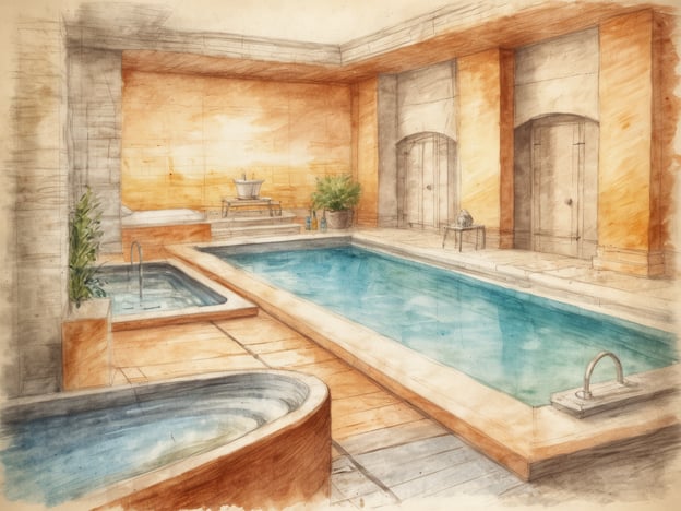 Auf dem Bild ist eine stilisierte Darstellung eines modernen Innenpools mit verschiedenen Badewannen und einem minimalistisch gestalteten Raum zu sehen. Die Architektur und Farbgebung vermitteln eine ruhige und entspannende Atmosphäre, die typisch für Wellness-Oasen in Baden ist.In Baden ist die Badekultur vielfältig und reicht von klassischen Thermalbädern bis hin zu modernen Spa-Anlagen. Die Nutzung von Mineralwasser und Wellness-Angeboten ist ein zentraler Bestandteil der Region, die für ihre heilenden Quellen bekannt ist. Hier vereinen sich Tradition und modernisierte Badekultur, um Entspannung und Gesundheit zu fördern.