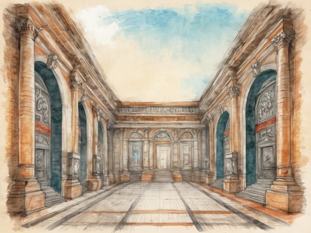 Auf dem Bild ist ein majestätischer Innenhof oder eine große Halle abgebildet, die möglicherweise an architektonische Highlights in Baden angelehnt ist. Solche Orte könnten etwa das Kurhaus in Baden-Baden sein, das für seine beeindruckende Architektur und historischen Säle bekannt ist.Die Gestaltung mit großen Säulen, kunstvollen Fenstern und einem klaren Himmel im Hintergrund vermittelt ein Gefühl von Eleganz und historischer Bedeutung, was typisch für die zahlreichen kulturellen Stätten in der Region Baden ist. Weitere kulturelle Highlights könnten auch die modernen Museen oder die prachtvollen Badehäuser sein, die die Tradition des Kurortes weitertragen.