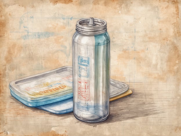 Auf dem Bild sind eine transparente Wasserflasche mit einem schmalen Ausguss und zwei dazugehörigen, bunten Essensboxen zu sehen. Die Flasche steht auf einem hellen Untergrund, während die Boxen in verschiedenen Farben, gelb und blau, leicht übereinander gestapelt sind. Der Hintergrund hat eine sanfte, beige Farbgebung mit feinen Strukturen, die dem Bild eine künstlerische Note verleihen. Achte darauf, ausreichend Wasser zu trinken, um hydriert zu bleiben und immer frische, gesunde Snacks dabei zu haben, um deine Energie während der Reise zu steigern.