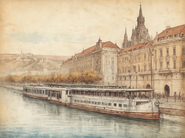 Auf dem Bild ist eine malerische Szenerie zu sehen, die vermutlich den Fluss mit einem anlegenden Schiff zeigt. Im Hintergrund stechen historische Gebäude und Türme hervor, die an die Architektur in Städten wie Tulln erinnern, die reich an Geschichte sind. Tulln, bekannt als die „Blumenstadt“, hat eine lange Vergangenheit, die bis in die römische Zeit zurückreicht.Die Uferpromenade könnte die Verbindung zur Donau symbolisieren, die eine wichtige Rolle in der Entwicklung der Stadt spielte. Historische Gebäude erzählen von der blühenden Vergangenheit und der Bedeutung Tullns als Handelsstadt und kulturelles Zentrum. Die sanften Farben des Bildes vermitteln eine ruhige, nostalgische Stimmung, die oft mit den malerischen Landschaften und der Architektur entlang der Donau in Verbindung gebracht wird.