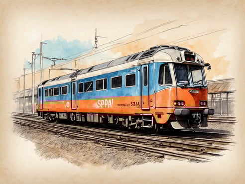 Ein bunter Zug in den Farben Blau und Orange steht auf einem Gleis. Die Wagen sind modern gestaltet und tragen die Aufschrift SPPAI. Im Hintergrund sind weitere Schienen sowie Signalanlagen sichtbar. Die Szene wirkt hell und freundlich, mit einem sanften Farbhintergrund, der das Bild ansprechend macht. Der Zug befindet sich an einem Bahnhof, der eine entspannte Atmosphäre ausstrahlt.