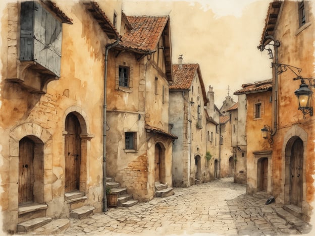 Das Bild zeigt eine malerische, historische Gasse mit alten, sanft leuchtenden Gebäuden in warmen Gelb- und Ockertönen. Die Architektur erinnert an die charmanten Straßen von Gmünd, einer Stadt in Österreich, die für ihre gut erhaltene Altstadt bekannt ist. Dort findet man enge Gassen, historische Fassaden und stilvolle Details, wie z.B. Fensterläden und dekorative Laternen.Die Atmosphäre des Bildes strahlt Ruhe und Nostalgie aus, ähnlich wie das alte Gmünd, wo man die Geschichte und das Handwerk der Vergangenheit spüren kann. Die gepflasterte Straße und die gemütlichen Treppen laden zu einem Spaziergang durch die Geschichte ein, und man kann sich gut vorstellen, wie früher das Leben in solchen beschaulichen Gassen war.