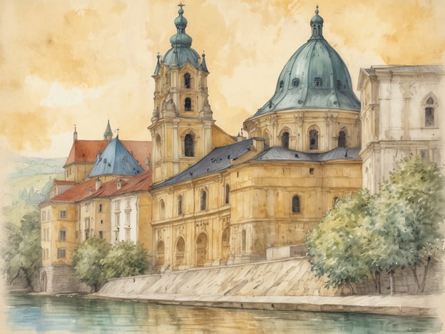 Auf dem Bild ist eine malerische Ansicht eines historischen Gebäudes zu sehen, das an einen Ort wie Amstetten erinnern könnte. Amstetten, gelegen in Niederösterreich, hat eine reiche Geschichte, die bis ins Mittelalter zurückreicht. Die Stadt ist bekannt für ihre barocken Architektur und Kirchen, was sich in den dargestellten, geschwungenen Formen und den charakteristischen Kuppeln widerspiegeln könnte.Besonders die Verbindung von Wasser und Gebäuden ist typisch für viele Städte, die an Flüssen liegen. In Amstetten fließt die Ybbs, die auch eine zentrale Rolle in der Stadtgeschichte spielt. Die Gebäude im Bild könnten somit für die historische Bedeutung der Stadt und ihre Entwicklung im Laufe der Jahrhunderte stehen.
