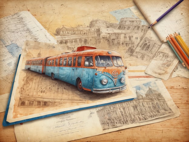 Auf dem Bild ist eine künstlerische Darstellung eines nostalgischen blauen Busses mit orangefarbenem Dach zu sehen. Dieser Bus steht auf einer Skizze und wird von alten Landkarten und Zeichnungen europäischer Gebäude umgeben. Die Farben sind sanft und vermitteln ein Gefühl von Reisen und Entdecken. Die Komposition suggeriert historische Erkundungen in Europa und inspiriert dazu, neue Reiseziele zu entdecken. Farbstifte sind in der oberen rechten Ecke angeordnet und unterstreichen die kreative Atmosphäre des Bildes.