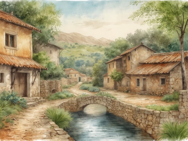 Auf dem Bild ist eine idyllische ländliche Szene zu sehen, die aus einem malerischen Dorf mit traditionellen Häusern, einer kleinen Steinbrücke und einem ruhigen Wasserlauf besteht. Die sanfte Landschaft im Hintergrund mit Hügeln und Bäumen vermittelt eine friedliche und entspannte Atmosphäre.In Bezug auf die Lebensqualität in Amstetten: Ein solches Dorf könnte ähnliche Merkmale aufweisen, wie die ruhigen Wohngegenden und die naturnahe Umgebung, die Amstetten zu bieten hat. Die Kombination aus einer lebenswerten Gemeinschaft, guter Erreichbarkeit und umfangreichen Freizeitmöglichkeiten trägt entscheidend zu einer hohen Lebensqualität bei.