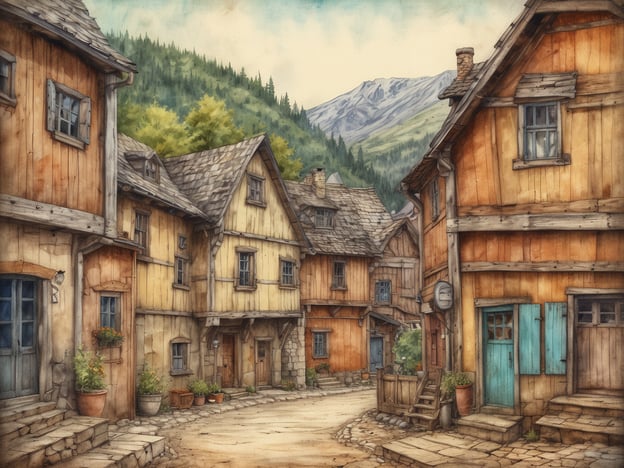 Auf dem Bild ist eine malerische, alte Straße mit Fachwerkhäusern zu sehen, die an eine historische Siedlung erinnern könnte. Die Gebäude sind aus Holz und Stein, mit bunten Fassaden in warmen Farbtönen. Im Hintergrund erstrecken sich sanfte Hügel, die von Wäldern und Bergen umgeben sind.Diese Szenerie könnte in Anlehnung an die Geschichte von Neunkirchen gestaltet sein, einem Ort, der für seine traditionell gut erhaltene Architektur und die naturnahe Umgebung bekannt ist. Neunkirchen hat eine lange Entwicklungsgeschichte, die stark von der Natur und der Forstwirtschaft geprägt ist. Die harmonische Verbindung zwischen den Häusern und der Landschaft spiegelt die Geschichte wieder, dass Menschen seit Jahrhunderten in Einklang mit der Natur leben und arbeiten.