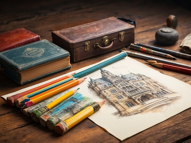 Auf dem Bild sind verschiedene Souvenirs und Erinnerungsstücke zu sehen, die auf einem Holztablett angeordnet sind. Zu den sichtbarsten Elementen gehören:
1. **Bücher**: Zwei alte, gebundene Bücher, die einen nostalgischen Charme haben und Erinnerungen an vergangene Zeiten wecken.
2. **Kästen**: Eine kleine Box und eine alte, geschlossene Werkstattkiste, die möglicherweise persönliche Gegenstände oder Kunstmaterialien enthalten.
3. **Zeichnungen**: Ein Blatt Papier mit einer künstlerischen Skizze eines Gebäudes, das Erinnerungen an Reisen oder Besichtigungen hervorruft.
4. **Buntstifte**: Bunte Stifte in verschiedenen Farben, die die Kreativität symbolisieren und an das Zeichnen oder Malen von Erinnerungsmomenten erinnern.
5. **Stifte**: Ein paar Schreib- und Zeichnungsstifte, die ebenfalls zur Gestaltung und Festhaltung von Erinnerungen dienen.
Insgesamt vermittelt das Bild eine Atmosphäre von Kreativität und persönlicher Geschichte, die durch die unterschiedlichen Gegenstände repräsentiert wird.