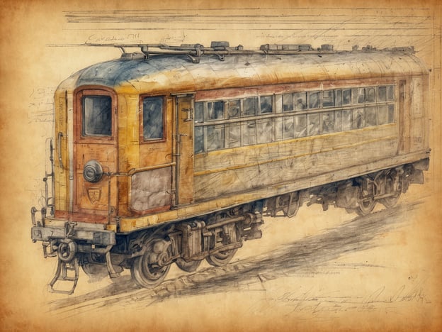 Auf dem Bild ist eine künstlerische Darstellung eines alten Triebwagens zu sehen. Solche Fahrzeuge waren besonders im frühen 20. Jahrhundert gefragt, da sie eine effiziente Möglichkeit boten, Passagiere über kurze Strecken zu transportieren. Diese Triebwagen kombiniert die Funktionen von Lokomotive und Waggon, was den Betrieb erleichterte.Die Entwicklung des Schienenverkehrs begann im 19. Jahrhundert mit der Einführung von Dampflokomotiven. Später, im Laufe des 20. Jahrhunderts, wurden elektrische Triebwagen populär, die nicht nur umweltfreundlicher waren, sondern auch eine höhere Geschwindigkeit und Zuverlässigkeit boten.Die Gestaltung des Triebwagens auf dem Bild zeigt ein interessantes Retro-Design, das durch seine Farben und Linienführung besticht. Diese Designs wurden oft während der frühen Industrialiserung entwickelt, als der Bedarf an schnellem und zuverlässigem Transport stark anstieg. Triebwagen wurden häufig für Nahverkehrsnetze eingesetzt und spielten eine entscheidende Rolle bei der Erschließung ländlicher Gebiete.Die technische Entwicklung hat seitdem viele Fortschritte gemacht, wobei moderne Züge schnellere Geschwindigkeiten und mehr Komfort bieten. Dennoch bleibt das historische Erbe solcher Triebwagen ein wichtiger Teil der Eisenbahngeschichte.