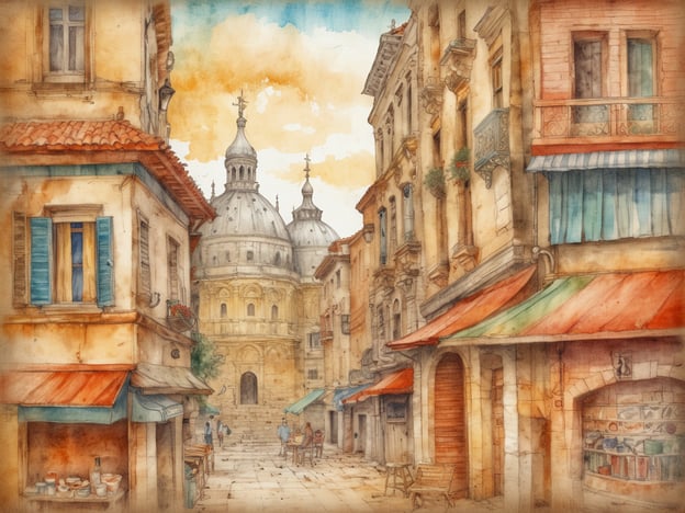 Auf dem Bild ist eine malerische Gasse zu sehen, die von historischen Gebäuden gesäumt ist. Im Hintergrund ragt eine beeindruckende Kuppel hervor, die auf ein bedeutendes religiöses oder kulturelles Bauwerk hindeutet. Die Architektur vermittelt ein Gefühl von Tradition und Geschichte.Kulinarisch könnte man sich in dieser Szenerie lokale Spezialitäten vorstellen, vielleicht kleine Cafés oder Bäckereien, die frische Backwaren und regionale Speisen anbieten. Man sieht möglicherweise Tische und Stühle, die einladend im Freien platziert sind, wo Passanten die lokale Küche genießen können. Diese Gasse könnte auch ein Ort sein, an dem Handwerker ihre Kunstwerke und regionalen Produkte anbieten, was die kulturelle Vielfalt und das Handwerk der Gegend widerspiegelt.