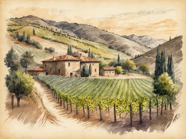 Auf dem Bild ist eine malerische Landschaft mit Weinbergen, einem Weingut und sanften Hügeln zu sehen. Diese Szenerie könnte gut zum Weinviertel passen, einer Region in Österreich, die für ihre Weinproduktion bekannt ist.Das Weinviertel ist berühmt für charakteristische Weißweine, insbesondere den Grünen Veltliner, der hier hervorragend gedeiht. Die sanften Hügel und der fruchtbare Boden machen das Gebiet ideal für den Weinbau. Die Weinbauern in dieser Region pflegen traditionsreiche Praktiken, die über Generationen weitergegeben werden, und die Weinverkostungen in den idyllischen Kellergassen sind ein beliebtes Highlight für Besucher. Die Kombination aus malerischen Landschaften und einer tief verwurzelten Weinkultur macht das Weinviertel zu einem einzigartigen Ort für Weinliebhaber.