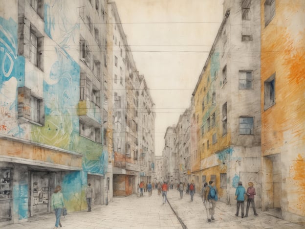 Auf dem Bild ist eine lebendige städtische Szene mit Menschen zu sehen, die in einer belebten Straße gehen. Die Gebäude an den Seiten sind mit bunten Wandmalereien geschmückt, die der Umgebung einen kreativen und modernen Charakter verleihen.In Linz könnte eine solche Szene in der Altstadt oder in der Nähe des Ars Electronica Centers stattfinden, das für seine innovative Kunst- und Technologiekultur bekannt ist. Auch die Landstraße, eine der Hauptgeschäftsstraßen, bietet eine ähnliche Atmosphäre mit Geschäften und kulturellen Events. Die Mischung aus historischer Architektur und modernen Elementen spiegelt die kulturelle Vielfalt der Stadt wider.