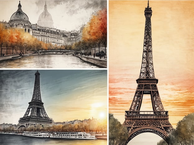 Das Bild zeigt drei malerische Ansichten von Paris. Im oberen Abschnitt ist eine historische Architektur mit Kuppeln und bunten Bäumen entlang eines Flusses zu sehen. Der mittlere Bereich zeigt den Eiffelturm, umgeben von einem sanften Sonnenuntergang und einem Bootsanleger, während der untere Teil eine weitere Perspektive des Eiffelturms offenbart, ebenfalls vor einem romantischen Himmel. Diese beeindruckenden Darstellungen fangen das Wesen und die Schönheit einer Städtereise nach Paris ein.