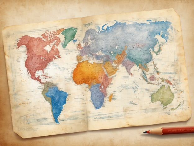 Eine alte Weltkarte ist abgebildet, die in Aquarellfarben gehalten ist. Verschiedene Kontinente sind in unterschiedlichen Farbtönen dargestellt, wie Rot für Nordamerika, Blau für Südamerika, Orange für Afrika, Grün für Australien und verschiedene Blautöne für Europa und Asien. Die Karte hat einen Antiquitäten-Effekt mit einem leicht vergilbten Hintergrund und einer Bleistiftmarkierung in der unteren rechten Ecke.