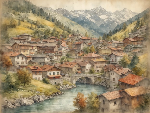 Auf dem Bild ist eine malerische Landschaft zu sehen, die von hügeligen Bergen und einem Fluss durchzogen ist. Im Vordergrund erkennt man eine kleine Ansiedlung mit traditionellen Häusern, deren Dächer rote Ziegel haben. Die Umgebung ist grün und von Bäumen sowie Wiesen geprägt, was auf eine ländliche Idylle hinweist.Steyr liegt in Oberösterreich, an der Mündung der Steyr in die Enns, umgeben von Hügeln und Bergen, die an die dargestellte Kulisse erinnern. Diese Region ist bekannt für ihre natürliche Schönheit und historische Architektur, was auch auf dem Bild angedeutet wird.