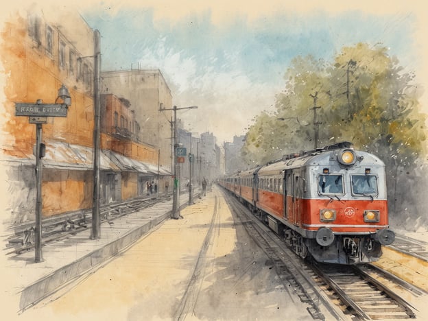 Ein Zug fährt auf einem Bahnhof mit historischen Gebäuden im Hintergrund. Die Szenerie ist in sanften Aquarelltönen gehalten, wobei die Gleise in der Mitte des Bildes verlaufen. Auf der linken Seite sind einige Menschen zu sehen, die an einem Stand vorbeigehen. Neben den Gleisen befindet sich ein Straßenschild, und im Hintergrund sind weitere Gebäude und Bäume sichtbar. Der Himmel ist klar und vermittelt ein angenehmes Reisegefühl, ideal für deinen ersten Backpacking-Trip.