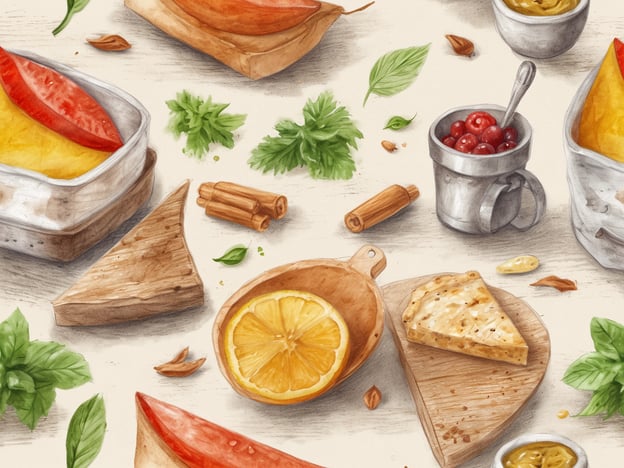 Auf dem Bild sind verschiedene kulinarische Köstlichkeiten und lokale Spezialitäten zu sehen. Es gibt Käse in unterschiedlichen Sorten, der in verschiedenen Formen präsentiert wird. Ein Stück Käse liegt auf einem Holzbrett, während eine Portion frischer Ziegenkäse oder ein ähnlicher Käse in einer Schale serviert wird.Zusätzlich sind frische Kräuter wie Minze und möglicherweise Koriander zu erkennen, die den Gerichten Aroma verleihen. Eine orangefarbene Frucht oder ein Stück Zitrusfrucht scheint ebenfalls dabei zu sein, was Frische und einen Hauch von Säure hinzufügen könnte.Gekonnt angeordnete Zutaten wie Zimtstangen und ein paar Beeren, die möglicherweise als süße Garnitur dienen, fördern den visuellen Genuss. Es sieht ganz nach einer liebevoll präsentierten Platte aus, die sowohl Käseliebhaber als auch Freunde süßer Genüsse anspricht.