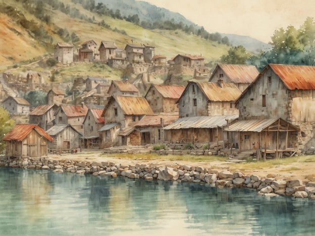 Auf dem Bild ist eine malerische Darstellung eines historischen Dorfes zu sehen, das an einem Gewässer liegt. Die Architektur erinnert an die frühen Siedlungen, wie sie in der Region Hallstatt, Österreich, vorkommen. Hallstatt ist bekannt für seine über 7.000 Jahre alte Geschichte und gilt als eine der ältesten Salzabbauregionen der Welt.Die Häuser sind oft aus Holz und Stein gebaut, und die Dachformen sind typisch für die alpine Bauweise. Diese Art von Siedlung zeigt, wie Menschen in früheren Zeiten in Harmonie mit der Natur lebten und sich an die geografischen Gegebenheiten anpassten, um ein funktionelles und schönes Dorf zu schaffen. Hallstatt zieht auch heute noch viele Besucher an, die sich für seine Geschichte und beeindruckende Landschaft interessieren.