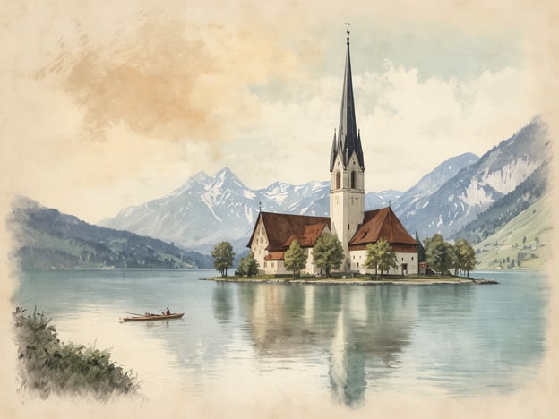 Auf dem Bild ist eine malerische Klosterkirche auf einer Insel im Wasser zu sehen, umgeben von Bergen und einer ruhigen Landschaft. Diese Szenerie erinnert an die Geschichte von St. Wolfgang, einem Heiligen, der im 10. Jahrhundert lebte und bekannt dafür ist, die Region um den Wolfgangsee in Österreich geprägt zu haben.Nach der Legende ließ St. Wolfgang eine Kirche auf einem Hügel bauen, um die Menschen zu bekehren und den Glauben zu verbreiten. Die Darstellung der Kirche auf der Insel könnte eine Hommage an seinen Einfluss und die friedliche Umgebung sein, die er so sehr schätzte. Der Wolfgangsee ist heute ein beliebtes Ziel für Pilger und Touristen, die die Schönheit der Natur und die spirituelle Bedeutung dieses Ortes erleben möchten.