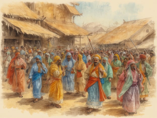 Auf dem Bild sind wahrscheinlich Menschen in traditionellen Gewändern zu sehen, die an einer festlichen oder kulturellen Veranstaltung teilnehmen. Solche Szenen könnten auf einen Markt oder ein Fest in einer historischen Stadt hinweisen, wo Bräuche wie Musizieren, Tanzen oder handwerkliche Fertigkeiten präsentiert werden.Solche Veranstaltungen sind oft geprägt von Feierlichkeiten, bei denen Gemeinschaft und Tradition im Mittelpunkt stehen. Die Vielfalt der Farben und das Tragen von spezifischen Trachten deuten auf die kulturelle Identität der Teilnehmer hin und reflektieren typischerweise regionale Bräuche sowie historische Feste, die von Generation zu Generation weitergegeben werden.