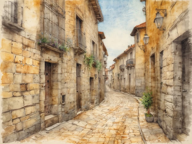 Eine malerische, enge Gasse mit Steinmauern und charmanten Häusern, die typische Architektur eines kleinen spanischen Dorfes zeigt. Die Straße ist gepflastert und biegt leicht ab, während an den Wänden Blumen in Fenstern wachsen. Die Dächer sind mit roten Ziegeln gedeckt und an einigen Gebäuden hängen Laternen. Das Bild vermittelt eine ruhige Atmosphäre, die an die Kultur und Traditionen entlang des Jakobswegs erinnert, einem berühmten Pilgerweg in Spanien, der durch malerische Dörfer führt.