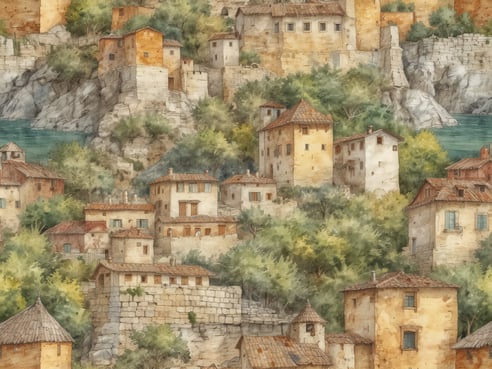 Eine malerische Landschaft mit einer Ansammlung von alten, charmanten Häusern, die auf einem Hügel errichtet sind. Die Gebäude sind in verschiedenen Erdtönen gehalten, mit roten und braunen Dächern, die gut mit der umgebenden Natur harmonieren. Im Hintergrund ist ein ruhiges, blaues Gewässer sichtbar, umgeben von üppigem Grün. Diese idyllische Szenerie könnte ein perfektes Ziel für einen Roadtrip durch Europa darstellen, der abenteuerliche Entdeckungen in historischen Dörfern ermöglicht.