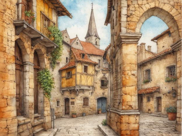 Auf dem Bild ist eine malerische, historische Stadtansicht zu sehen, die an die Architektur von Freistadt erinnert. Die engen Gassen sind von altehrwürdigen Gebäuden gesäumt, die aus Stein und Holz gebaut sind. Das Bild zeigt Häuser mit charakteristischen Erkern und schiefergedeckten Dächern, die typischerweise für mittelalterliche Städte in Österreich sind.Freistadt selbst hat eine reiche Geschichte, die bis ins 13. Jahrhundert zurückreicht. Die Stadt war früher ein wichtiger Handelsort und gehörte zu den bedeutenden Städten in Oberösterreich. Die gut erhaltene Altstadt mit ihren historischen Straßen, Plätzen und Bauten erinnert an diese blühende Vergangenheit und zieht heute Besucher mit ihrem charmanten, authentischen Flair an.
