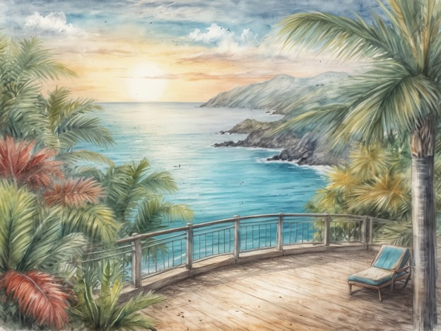 Einmalige Aussicht auf das Meer während des Sonnenuntergangs von einer großzügigen, freistehenden Terrasse umgeben von tropischen Pflanzen. Die sanften Wellen des Wassers spiegeln die warmen Farben des Sonnenuntergangs wider, während im Hintergrund sanfte Hügel zu sehen sind. Diese idyllische Szenerie lädt dazu ein, die Ruhe und Schönheit der Natur zu genießen. Eine Kreuzfahrt bietet die Möglichkeit, solche atemberaubenden Ausblicke und unvergessliche Erlebnisse in verschiedenen Häfen rund um die Welt zu entdecken.