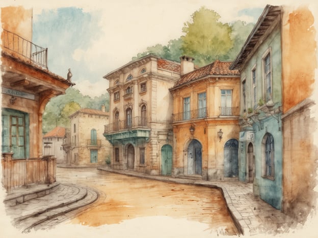Auf dem Bild ist eine künstlerische Darstellung einer malerischen Straßenszene zu sehen. Die Architektur der Gebäude erinnert an historische europäische Einflüsse mit bunten Fassaden, die an den Charme vergangener Zeiten erinnern.In der Geschichte von Bad Hall wird oftmals die Bedeutung des Ortes als Kurstadt hervorgehoben, wo viele prächtige Gebäude aus verschiedenen Epochen entstanden sind. Diese charmanten Straßen und Plätze repräsentieren die Tradition und das Erbe der Region, die auch bei Besuchern geschätzt wird. Die sanften Farben und die detailreiche Ausführung des Bildes vermitteln eine einladende Atmosphäre, die an die entspannte Lebensweise in einem solchen historischen Umfeld erinnert.