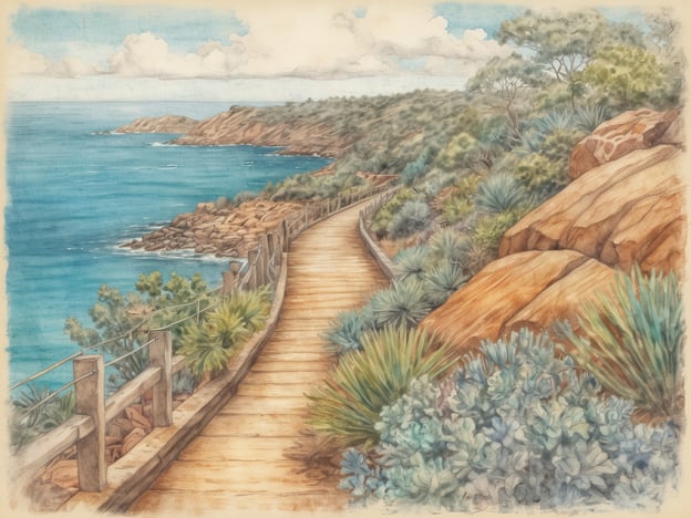 Ein idyllischer Küstenweg schlängelt sich entlang der Küste Australiens, umgeben von üppiger Vegetation und groben Felsen. Das sanfte Blau des Meeres entfaltet sich links, während im Hintergrund die Hügel im Schatten der Wolken zu sehen sind. Die Holzplanken des Weges laden zu einem Spaziergang ein und bieten wunderbare Ausblicke auf die natürliche Schönheit der Umgebung, perfekt für einen entspannten Urlaub in Australien.
