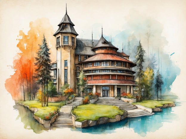 Auf dem Bild ist ein prachtvolles Gebäude zu sehen, das von einer schönen Landschaft mit Bäumen und Wasser umgeben ist. Es erinnert an eine Mischung aus historischem und modernem Architekturdesign. Die Farben sind lebhaft und verleihen dem Bild eine malerische Atmosphäre.In der Geschichte von Zoomarine spielt derartige Architektur eine Rolle, da der Freizeitpark bekannt ist für seine verschiedenen Attraktionen und einladenden Umgebungen, die Besucher in eine wunderschöne, naturverbundene Welt eintauchen lassen. Zoomarine kombiniert Kunst, Natur und Bildung, um Gästen eine unvergessliche Erfahrung zu bieten, ähnlich dem eindrucksvollen Gebäude auf dem Bild.