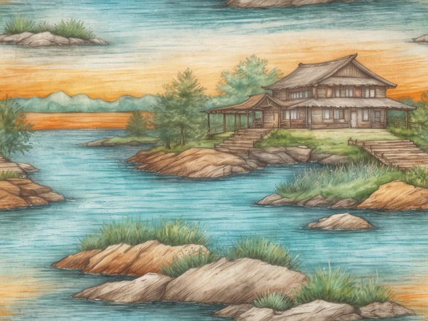 Auf dem Bild ist eine malerische Landschaft zu sehen, die ein traditionelles Holzhaus an einem Gewässer zeigt. Umgeben von Felsen und Grünflächen strahlt die Szene Ruhe und Harmonie aus.Diese bildliche Darstellung kann als eine Art Heilquelle betrachtet werden, die durch ihre beruhigenden Farben und die friedliche Umgebung eine entspannende Wirkung auf den Betrachter hat. Solche Landschaften fördern das Gefühl der inneren Ruhe und können helfen, Stress abzubauen. In der Natur finden sich oft Quellen des Wohlbefindens, die sowohl körperliche als auch geistige Entspannung unterstützen.