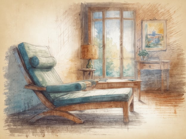 Auf dem Bild ist ein entspannender Raum zu sehen, der sehr einladend wirkt. Im Mittelpunkt steht eine gemütliche Liege, die perfekt für eine Auszeit oder eine kleine Meditation ist. Das große Fenster lässt viel Tageslicht herein und sorgt für eine beruhigende Atmosphäre.Eine Lampe und ein kleiner Tisch ergänzen den Raum und schaffen einen harmonischen Ort, ideal für Wellness-Angebote wie Yoga, Atemübungen oder einfach nur zum Entspannen mit einem guten Buch. Die sanften Farben und der natürliche Lichtfluss fördern eine friedliche Stimmung, perfekt für Momente der Ruhe und Selbstfürsorge.