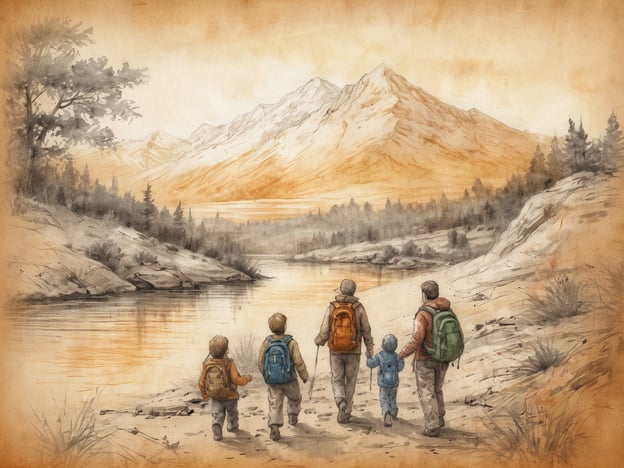Auf dem Bild sieht man eine Familie, die gemeinsam eine Wanderung in der Natur unternimmt. Sie spazieren entlang eines Flusses mit Bergen im Hintergrund. Diese Aktivität bietet der Familie die Möglichkeit, die frische Luft zu genießen, die Natur zu erkunden und Zeit miteinander zu verbringen.Das Wandern fördert den Zusammenhalt und ermöglicht es den Kindern, viel über die Umgebung zu lernen, während sie neue Abenteuer erleben. Solche Ausflüge sind auch ideal, um gemeinsame Erinnerungen zu schaffen und die Gesundheit durch Bewegung zu fördern.