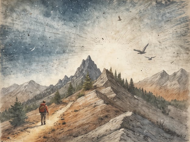 Auf dem Bild ist eine malerische Berglandschaft zu sehen, in der ein Wanderer auf einem Pfad unterwegs ist. Die Szene vermittelt ein Gefühl von Ruhe und Freiheit in der Natur. Aktivitäten für Naturliebhaber, die man hier genießen könnte, sind:1. **Wandern**: Die malerischen Pfade laden zu ausgedehnten Wanderungen ein.2. **Vogelbeobachtung**: Die fliegenden Vögel bieten eine Gelegenheit, verschiedene Arten in ihrem natürlichen Habitat zu beobachten.3. **Fotografie**: Die beeindruckende Landschaft bietet zahlreiche Möglichkeiten für atemberaubende Naturfotografien.4. **Campen**: In der Umgebung könnten ideale Plätze zum Zelten gefunden werden, um die Natur hautnah zu erleben.5. **Sternenhimmel beobachten**: Nach Einbruch der Dunkelheit könnte man die klaren Nächte genießen und die Sterne beobachten.Diese Aktivitäten tragen dazu bei, die Schönheit der Natur in vollem Umfang zu erleben.