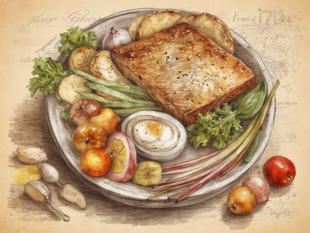 Auf dem Bild ist ein kunstvoll angerichteter Teller mit verschiedenen kulinarischen Genüssen zu sehen. Zu den Zutaten gehören ein herzhaft gebackenes Gericht, das möglicherweise eine Art Auflauf oder Quiche ist, umgeben von frischem Gemüse wie grünem Spargel, verschiedenen Äpfeln und Salat. Auch ein gekochtes Ei und einige Kräuter sind zu erkennen, die dem Gericht Geschmack verleihen.In St. Gilgen, einer malerischen österreichischen Stadt am Wolfgangsee, könnte ein solches Gericht in einem der gemütlichen Restaurants oder Gasthäuser serviert werden. Die Region ist bekannt für ihre traditionelle Küche, die oft frische, lokale Zutaten nutzt, ähnlich dem, was auf diesem Teller arrangiert ist. Diese Art von Speisen ist perfekt, um die kulinarischen Genüsse der Region zu erleben.
