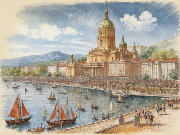 Auf dem Bild ist eine lebendige Szene am Ufer eines Gewässers zu sehen, möglicherweise eines Sees, umgeben von einer beeindruckenden Architektur. Es scheint eine große Versammlung von Menschen zu geben, die sich am Wasser versammeln.In St. Gilgen finden jährlich zahlreiche Veranstaltungen und Feste statt, die oft von solch einer festlichen Atmosphäre geprägt sind. Zum Beispiel wird das St. Gilgener Herbstfest gefeiert, das Musik, Tanz und regionale Köstlichkeiten bietet, oder das traditionelle Heimatfest, das die Kultur und Bräuche der Region zelebriert. Solche Feste bringen Zahlreiche Besucher und Einheimische zusammen, ähnlich wie auf dem Bild zu sehen ist. Die nautischen Aktivitäten deuten zudem darauf hin, dass Wassersport und Bootsausflüge in dieser Gegend sehr beliebt sind, besonders während der warmen Monate.