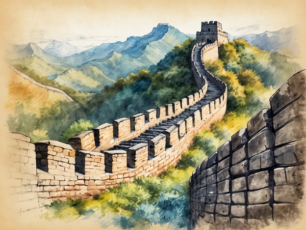 Die Illustration zeigt einen malerischen Abschnitt der Chinesischen Mauer, der sich durch eine bewaldete, bergige Landschaft schlängelt. Die Mauer besteht aus traditionellen Ziegelsteinen und hat charakteristische Türme und Stufen. Sanfte Hügel und Berge umgeben die Struktur, während der Himmel im Hintergrund harmonisch in sanften Farben dargestellt ist. Diese Darstellung vermittelt die majestätische Präsenz und die historische Bedeutung der Chinesischen Mauer in der Landschaft Chinas.
