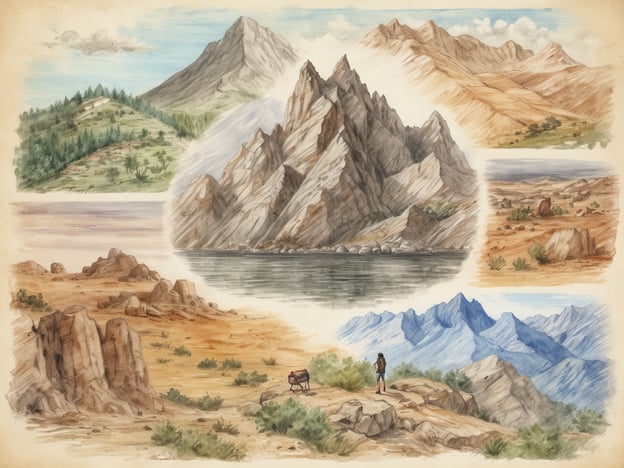Auf dem Bild sind verschiedene Landschaften und Naturszenen zu sehen, die sich gut für Aktivitäten in der Natur eignen.1. **Wandern**: In der oberen rechten Ecke zeigt eine Berglandschaft ideale Möglichkeiten zum Wandern und Bergsteigen.2. **Kanu fahren**: Das Gewässer mittig lädt zu sportlichen Aktivitäten wie Kanu fahren oder Bootstouren ein.3. **Erkundung**: Die felsigen Landschaften bieten Abenteuer für Spaziergänge und Erkundungstouren in unberührter Natur.4. **Fotografie**: Die verschiedenen Kulissen sind perfekt für Landschaftsfotografie und das Festhalten schöner Augenblicke.5. **Trekking**: In den Bergen kann man auch Trekkingtouren unternehmen, um die Schönheit der Natur hautnah zu erleben.Die Kombination dieser Elemente macht die dargestellte Region zu einem attraktiven Ziel für Outdoor-Aktivitäten und Erholung in der Natur.