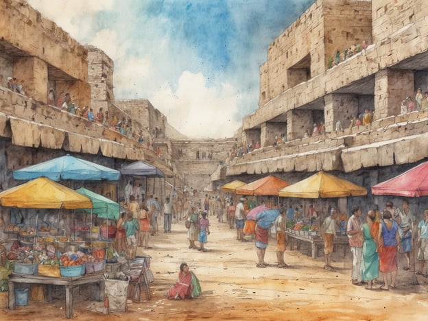 In dem Bild ist ein lebhafter Markt in einer antiken Stadt zu sehen. Die Szenerie zeigt bunte Marktstände mit verschiedenen Waren, darunter frisches Obst und Gemüse. Viele Menschen sind unterwegs, einige stehen an den Ständen, während andere in kleinen Gruppen interagieren. Im Hintergrund thronen massive Steinbauten, die an historische Ruinen erinnern. Der Himmel ist klar mit vereinzelten Wolken und die Atmosphäre wirkt freundlich und geschäftig. Diese Darstellungen sind typisch für Märkte in Mexiko, wo das Landleben und die Kultur lebendig repräsentiert werden. Besuchen Sie lokale Märkte, um die authentische naschende Kultur zu erleben und unterstützen Sie lokale Verkäufer, um die Gemeinschaft zu stärken.