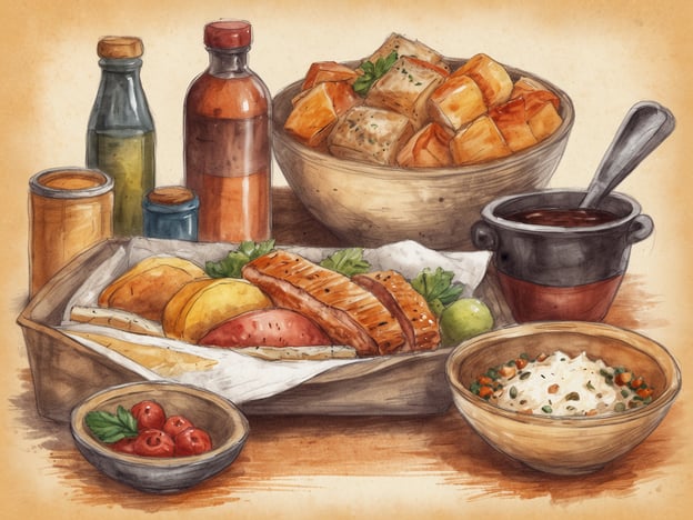 Auf dem Bild sind verschiedene kulinarische Köstlichkeiten zu sehen, die an traditionelle regionale Speisen erinnern. Die Anordnung deutet auf ein herzhaftes Festmahl hin.- **Gegrilltes Fleisch**: Möglicherweise eine Spezialität aus der Region, die oft mit marinierter oder gewürzter Zubereitung serviert wird.- **Beilagen**: Diese könnten verschiedene Sorten von Brot oder Teigwaren sein, die häufig in der regionalen Küche Verwendung finden.- **Frische Beilagen**: Ein Schälchen mit Kirschtomaten und Kräutern könnte als frischer Akzent dienen, was typisch für viele mediterrane oder landestypische Gerichte ist.- **Saucen**: Verschiedene Flaschen und Töpfe mit Saucen, die zur Verfeinerung der Speisen gedacht sind, könnten lokale Geschmäcker widerspiegeln.- **Eintopf oder Salat**: Der Topf mit einer Mischung aus Gemüse und eventuell einer Sauce ist ebenfalls ein typisches Element der regionalen Küche.Insgesamt vermittelt das Bild den Eindruck eines reichhaltigen und einladenden Festessens, das die Vielfalt und den Geschmack der jeweiligen Region widerspiegelt.